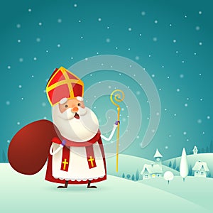 Cute Saint Nicholas - Sinterklaas with gift is coming to town - winter night landscape