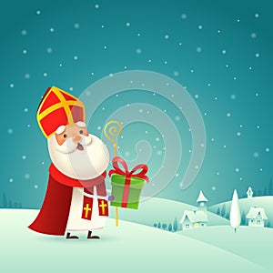 Cute Saint Nicholas - Sinterklaas with gift is coming to town - winter night landscape