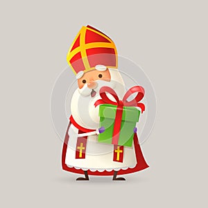 Cute Saint Nicholas or Sinterklaas with gift for you - 3D vector illustration