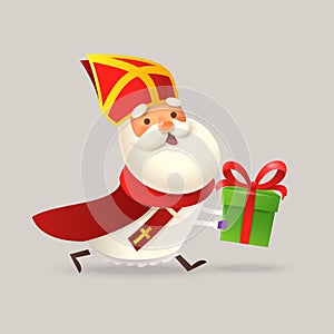 Cute Saint Nicholas or Sinterklaas running with gift - 3D vector illustration