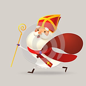 Cute Saint Nicholas or Sinterklaas running to town with gift bag - vector illustration