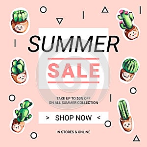 Cute sale banners with embroidery cactus.