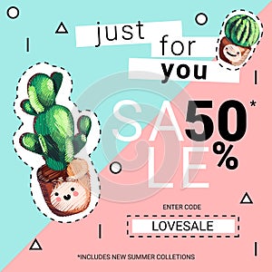 Cute sale banners with embroidery cactus.