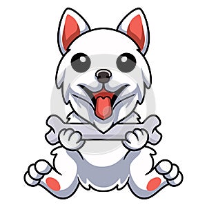 Cute samoyed dog cartoon holding a bone