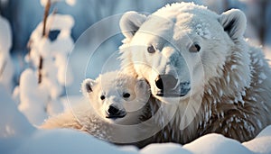 Cute Samoyed puppy playing in snowy arctic forest generated by AI