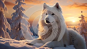 Cute Samoyed puppy playing in the snowy winter forest generated by AI