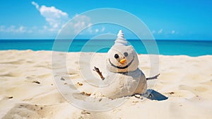 A cute sand snowman on the beach in bright sunlight, with the sea or ocean in the background. Merry Christmas time, greeting Card