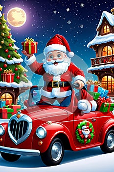 A cute santa with a car full of Christmas gifts, moonlight, Starry night sky, village, cartoon, anime art photo