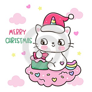 Cute santa cat Christmas animal with gift on candy cloud