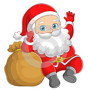 The cute santa claus with the big sack full of gift is waving the hand