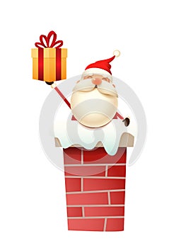 Cute Santa Claus on the chimney with gift vector illustration isolated on white background