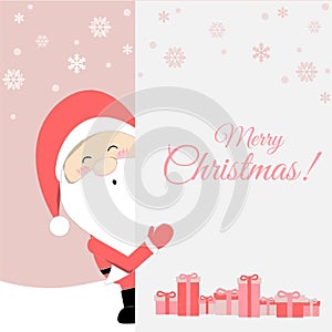 Cute santa claus, christmas cartoon standing in the snow, lovely christmas background.