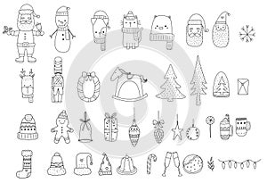 Cute Santa claus christmas element cartoon bundle outline,hand drawn, for christmas ,kids,baby animal characters, card.vector