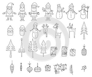 Cute Santa claus christmas element cartoon bundle outline,hand drawn, for christmas ,kids,baby animal characters, card.vector