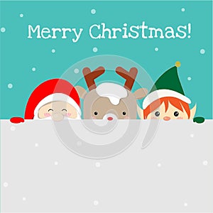 Cute santa claus, christmas elf and reindeer cartoon standing in the snow, lovely christmas background.