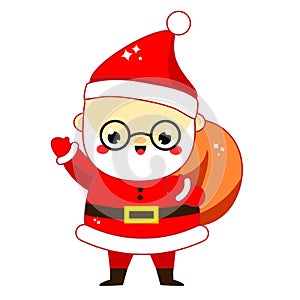 Cute Santa Claus. Daddy Frost with bag full of presents. New Year and Christmas character in kawaii style