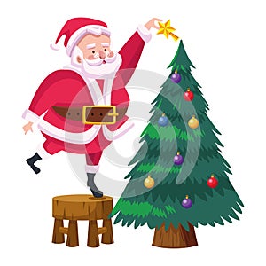 cute santa claus decorating christmas tree character