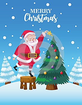 cute santa claus decorating christmas tree snowscape scene