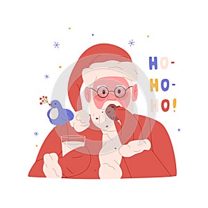 Cute Santa Claus eating Christmas cookie and drinking milk. Xmas composition with winter character in glasses