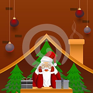 Cute Santa Claus with Gift Boxes, Xmas Trees Inside Chimney House and Hanging Baubles Decorated on Brown