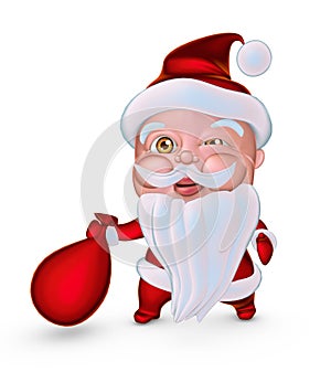 Cute Santa Claus with gifts bag blinks eye (3D illustration) photo