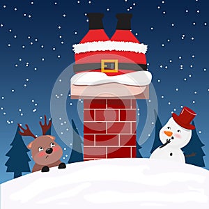Cute Santa Claus got stuck n the chimney pipe. Snowman with a reindeer looking worried at him