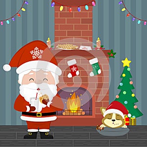 A cute Santa Claus is holding a glass with milk and cookies. Corgi puppy sleeping near the Christmas tree with gifts. Fireplace,
