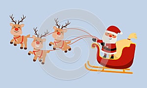Cute Santa Claus image riding reindeer sleigh. Merry Christmas clip art.