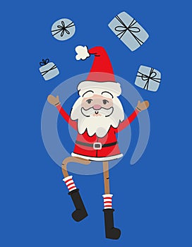 Cute Santa Claus juggles gifts.