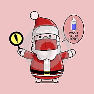 The cute santa claus mascot gives a warning to wash your hands with a hand sanitizer