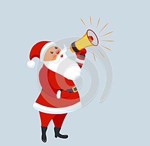 Cute Santa Claus with megaphone announcement, design element for Christmas or new year sale banner, poster, greeting card, flyer