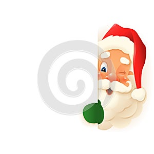 Cute Santa Claus peeking on right side of board - vector illustration isolated on transparent background