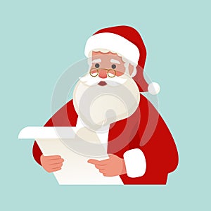 Cute Santa Claus reading children's letters. Vector illustration in cartoon flat style