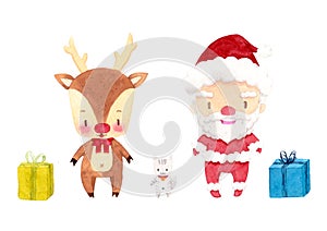 Cute Santa Claus, reindeer, cat and gift boxes. cartoon character watercolor hand painting for decoration in winter, Christmas, an