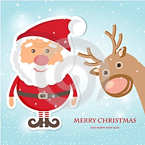 Cute Santa Claus and Reindeer on christmas background with lights and snowflakes.