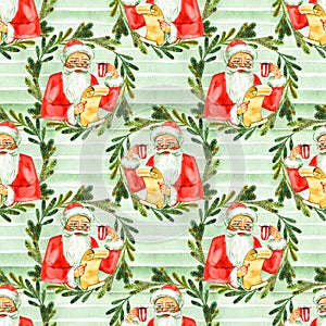 Cute Santa Claus seamless pattern. New Year illustration. Christmas watercolor background