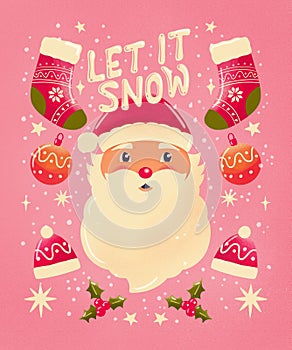 Cute Santa Claus smiling with hand lettering message let it snow. Socks, beanies, mittens and decoration on pink background.