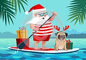 Cute Santa Claus on stand up paddle board with pug dog and gifts