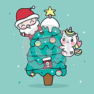 Cute santa claus and unicorn vector with merry christmas tree kawaii cartoon x mas festival happy new year