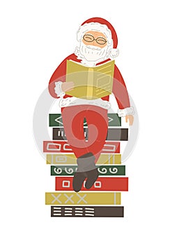 Cute Santa Clause reading book on stack of books