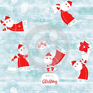 Cute Santa Clauses. Christmas background. Cartoon seamless pattern on blue watercolor background. Perfect for cover design