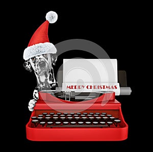 Cute santa dalmatian dog is typing on a typewriter keyboard. Isolated on black