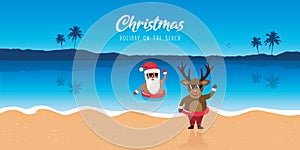 cute santa and deer with sunglasses on paradise beach summer christmas holiday