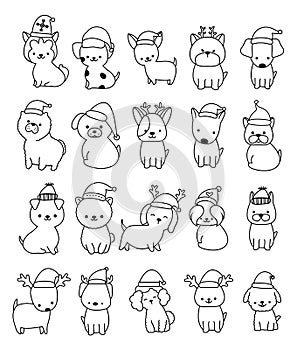 Cute Santa dog cartoon bundle outline,hand drawn, for Christmas ,kids,baby characters, wedding,card.vector
