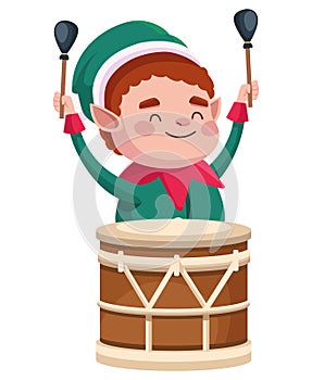 cute santa helper christmas character playing drum