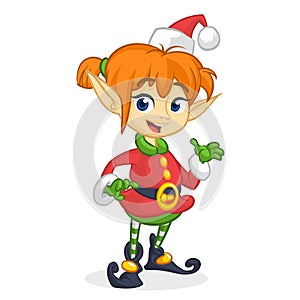 Cute Santa helper girl shows on a white blank banner. Cartoon vector illustration isolated.