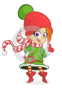 Cute Santa helper girl shows on a white blank banner. Cartoon vector illustration isolated.