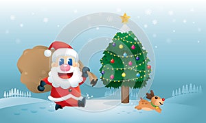 A cute Santa and his reindeer is busy sending Christmas presents.