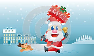 A cute Santa and his reindeer is running with a Christmas Sales promotion board carrying on his hand.