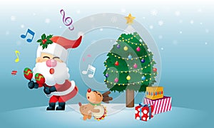 A cute Santa and his reindeer is singing and dancing under the Christmas tree.